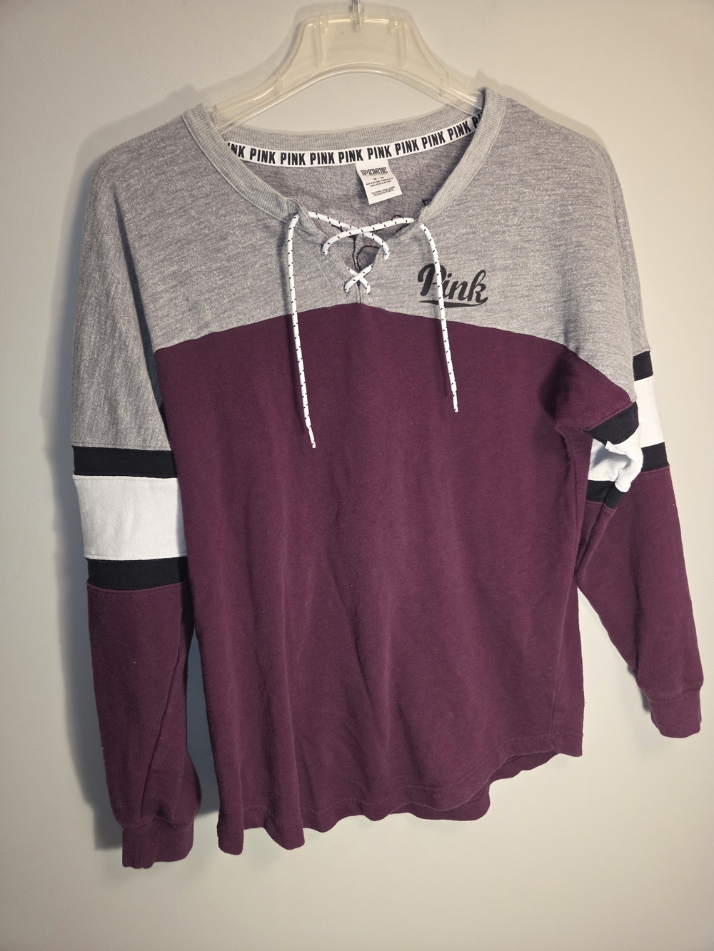 PINK Victoria's Secret Maroon & Heather Gray Lace-Up Colorblock Pullover
